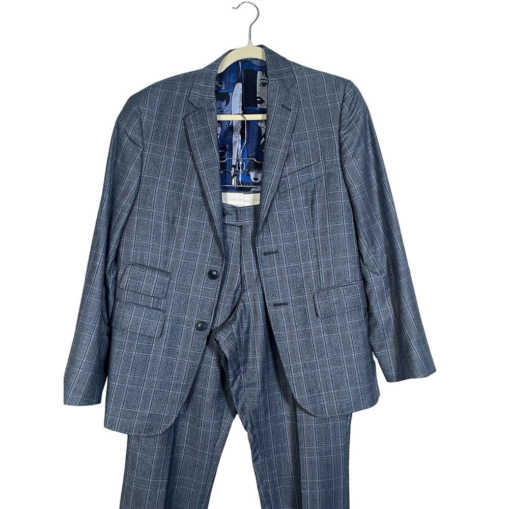 David August Couture Custom Full Suit Mens Blue Plaid Graphic Lining 40
